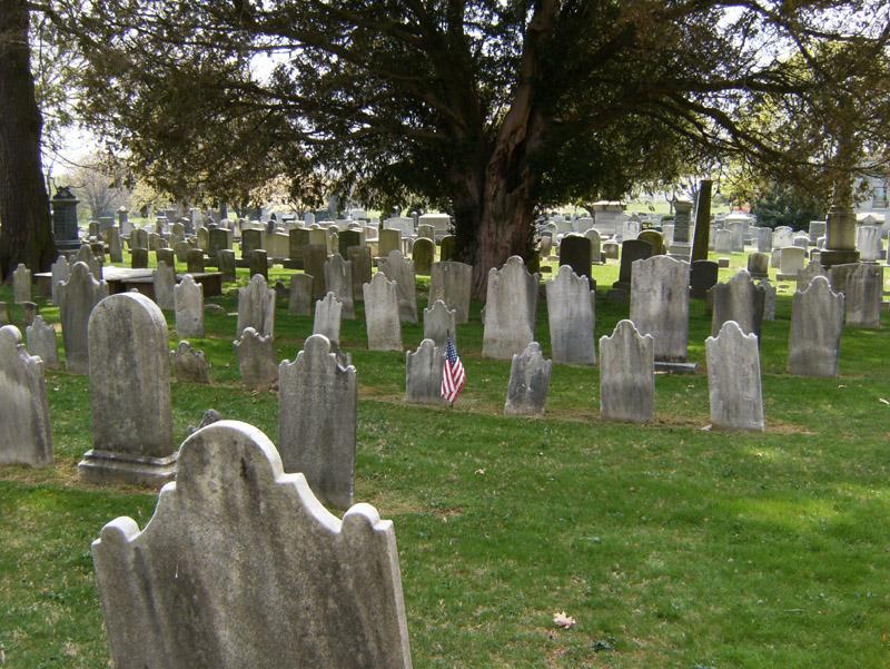 cemetery with American flag next to headstone