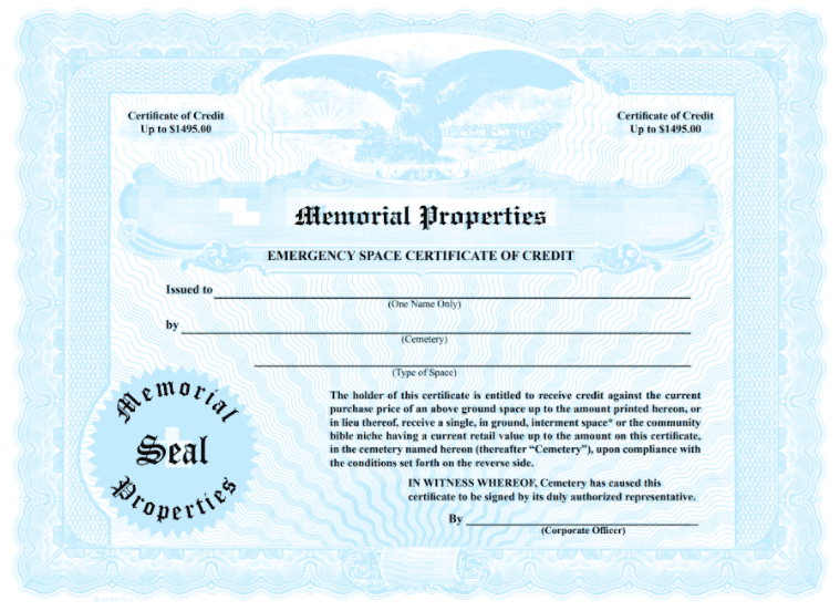 Memorial Properties pre-planning certificate of credit