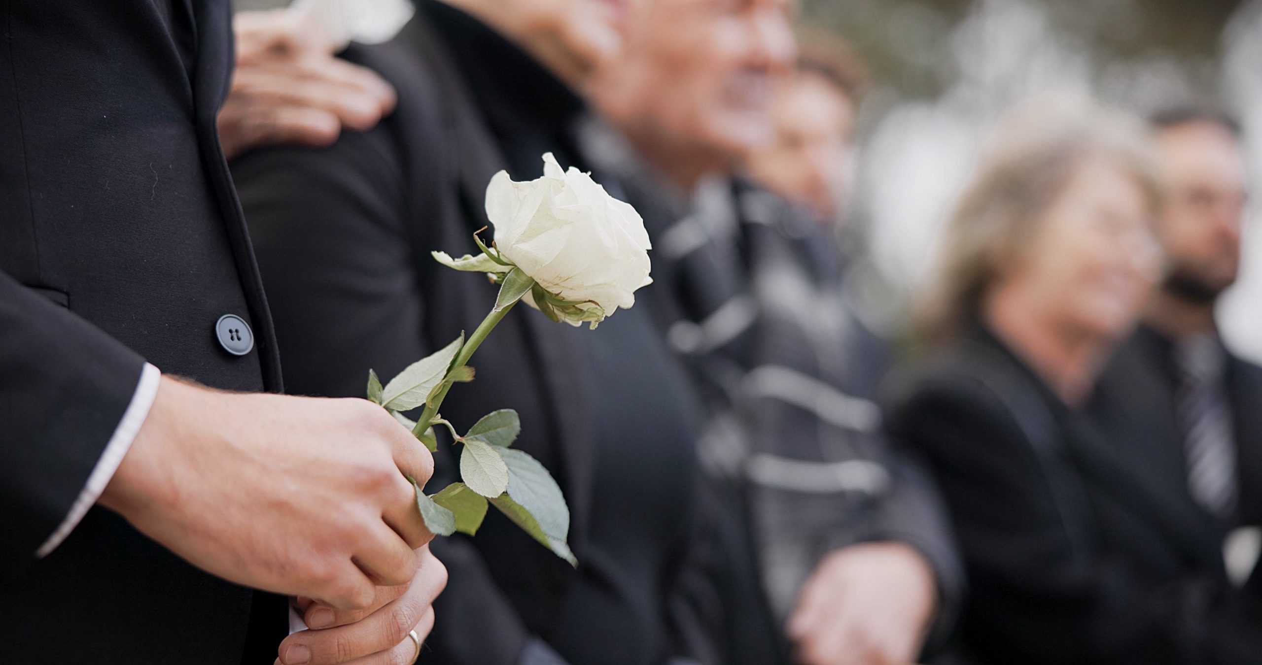 People at a funeral, one person holding a single, white rose