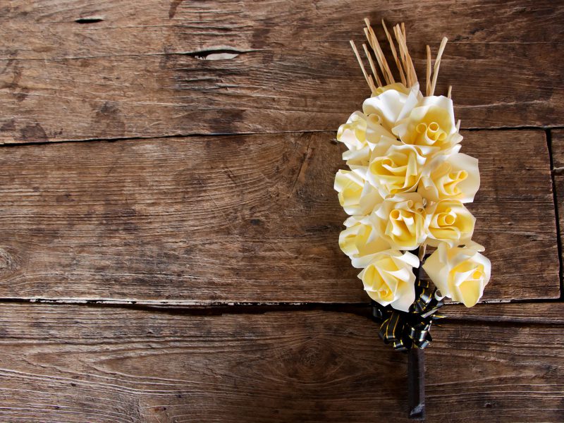 unique white and yellow flower on wood surface