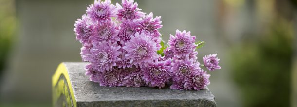 purple flowers on top of head stone